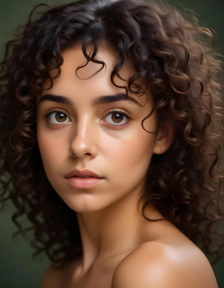 35mm Film Photography A Young Woman With Dark Curly Hair And Olive Skin Looking Directly At The Camera With A Pensive Expression In Daylight With Soft Lighting High Detail 26 A854