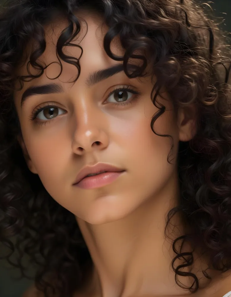 35mm Film Photography A Young Woman With Dark Curly Hair And Olive Skin Looking Directly At The Camera With A Pensive Expression In Daylight With Soft Lighting High Detail 30 F2e5