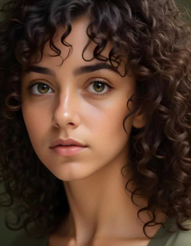 35mm Film Photography A Young Woman With Dark Curly Hair And Olive Skin Looking Directly At The Camera With A Pensive Expression In Daylight With Soft Lighting High Detail 4 37e8