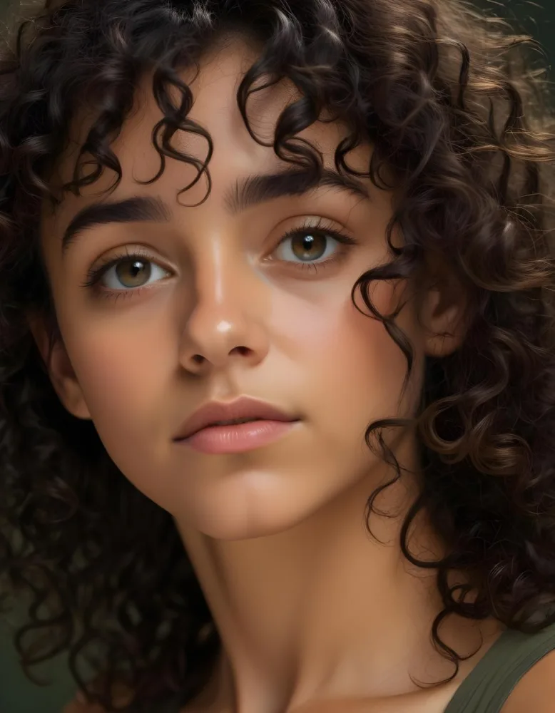 35mm Film Photography A Young Woman With Dark Curly Hair And Olive Skin Looking Directly At The Camera With A Pensive Expression In Daylight With Soft Lighting High Detail 44 05f9