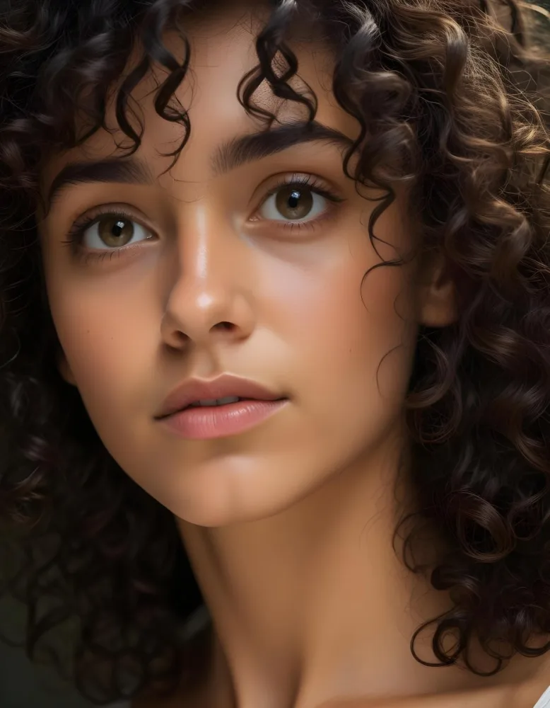 35mm Film Photography A Young Woman With Dark Curly Hair And Olive Skin Looking Directly At The Camera With A Pensive Expression In Daylight With Soft Lighting High Detail 45 8975