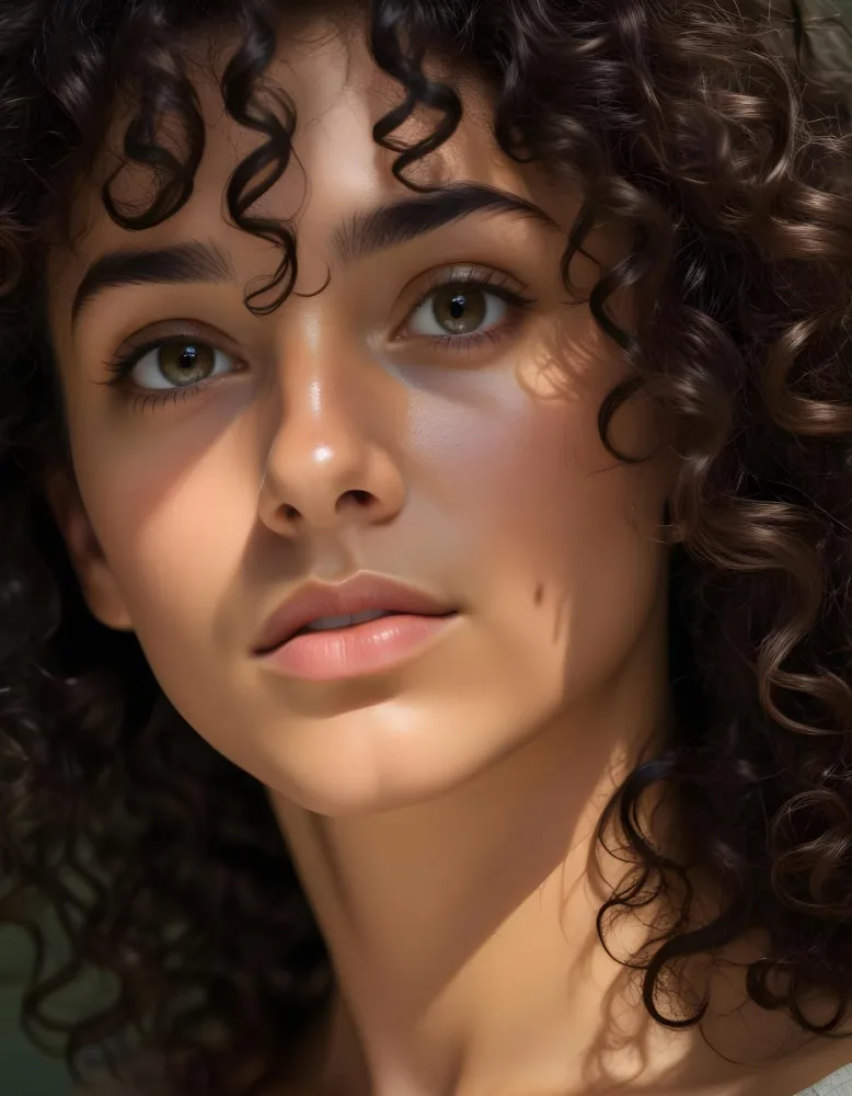 35mm Film Photography A Young Woman With Dark Curly Hair And Olive Skin Looking Directly At The Camera With A Pensive Expression In Daylight With Soft Lighting High Detail 53 6ed7