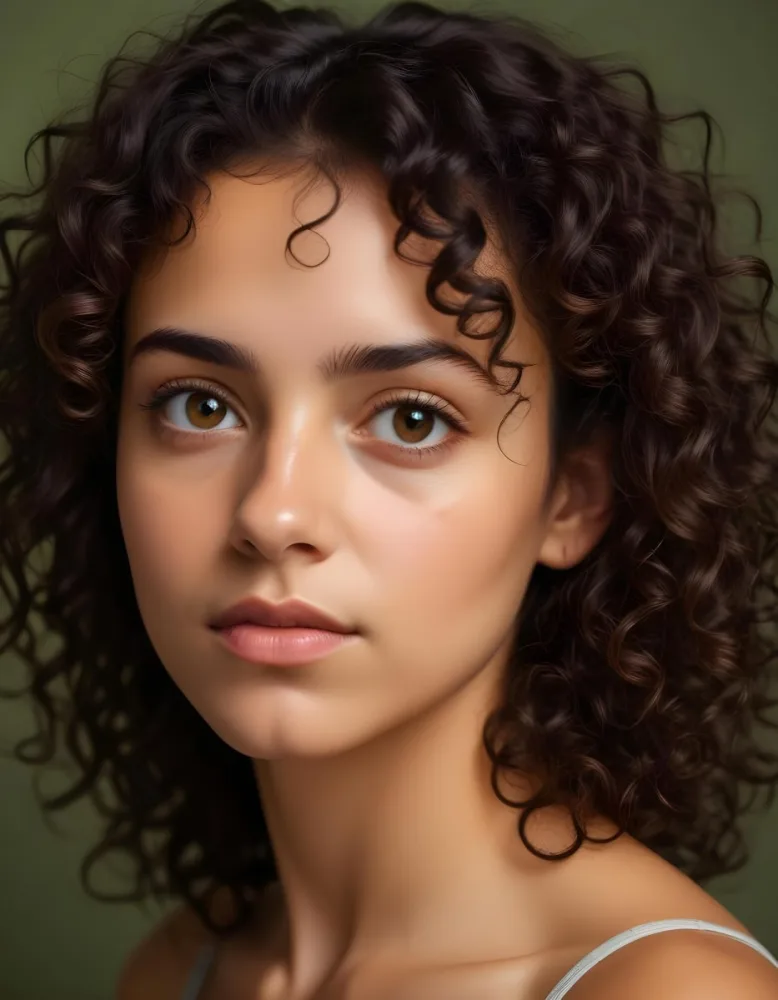 35mm Film Photography A Young Woman With Dark Curly Hair And Olive Skin Looking Directly At The Camera With A Pensive Expression In Daylight With Soft Lighting High Detail 57 4fd4