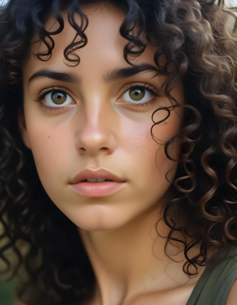 35mm Film Photography A Young Woman With Dark Curly Hair And Olive Skin Looking Directly At The Camera With A Pensive Expression In Daylight With Soft Lighting High Detail 64 335e