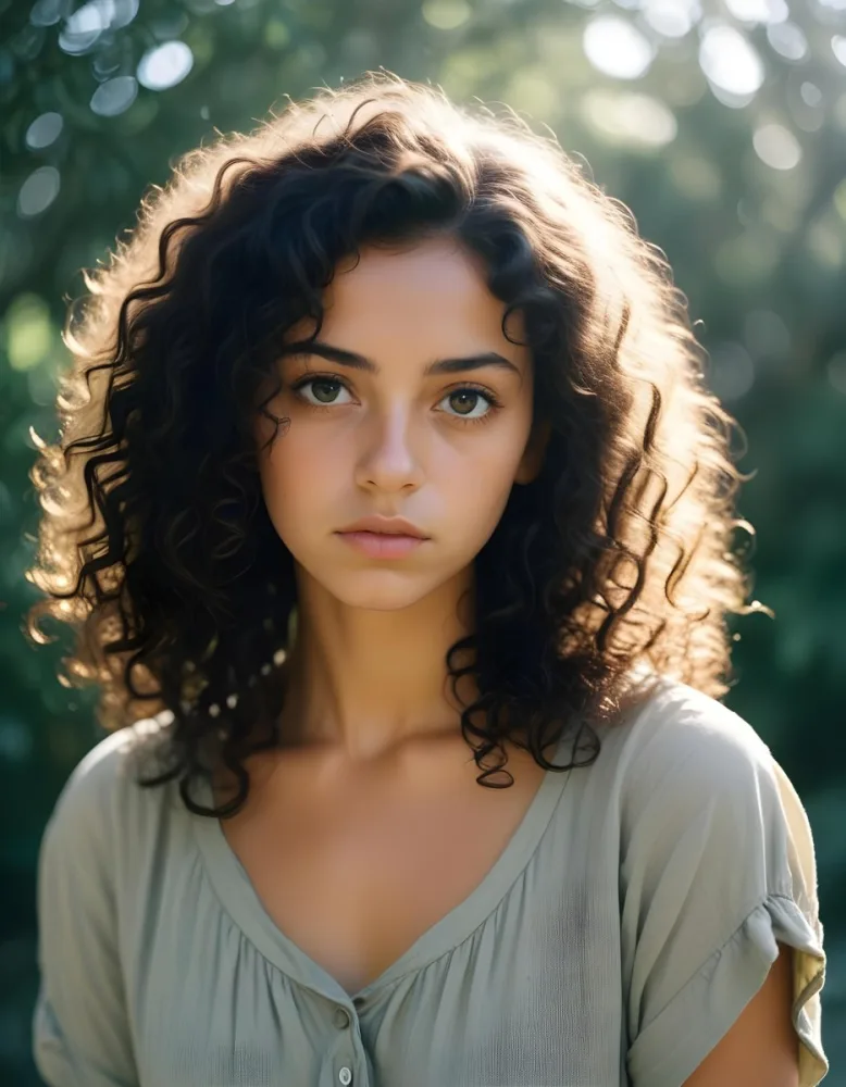 35mm Film Photography A Young Woman With Dark Curly Hair And Olive Skin Looking Directly At The Camera With A Pensive Expression In Daylight With Soft Lighting High Detail 67 6d95