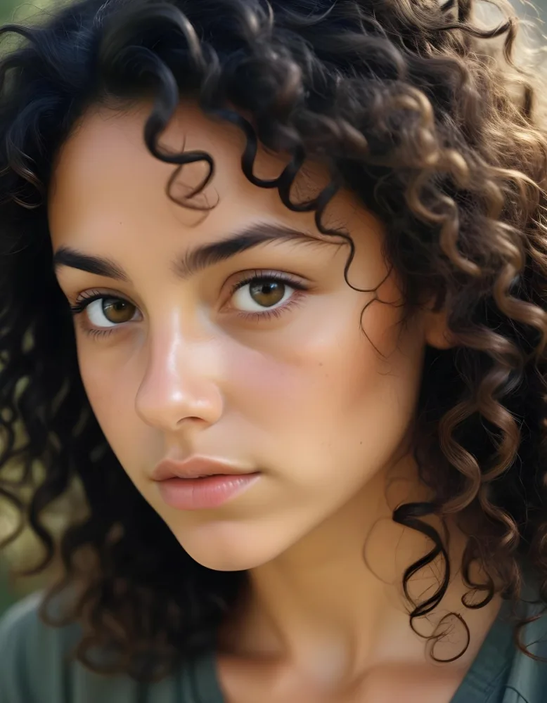 35mm Film Photography A Young Woman With Dark Curly Hair And Olive Skin Looking Directly At The Camera With A Pensive Expression In Daylight With Soft Lighting High Detail 75 62e7