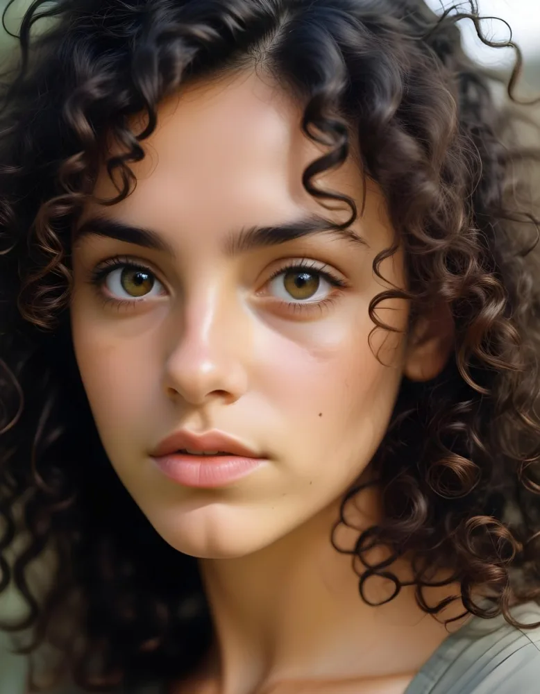 35mm Film Photography A Young Woman With Dark Curly Hair And Olive Skin Looking Directly At The Camera With A Pensive Expression In Daylight With Soft Lighting High Detail 83 9672