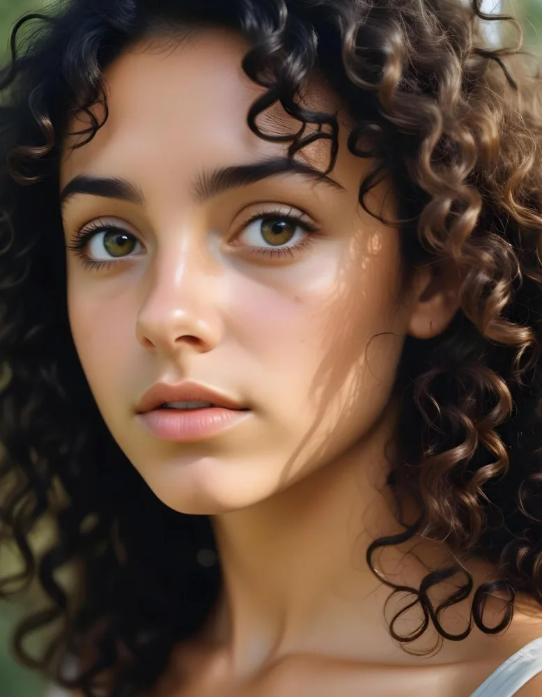 35mm Film Photography A Young Woman With Dark Curly Hair And Olive Skin Looking Directly At The Camera With A Pensive Expression In Daylight With Soft Lighting High Detail 87 2f01