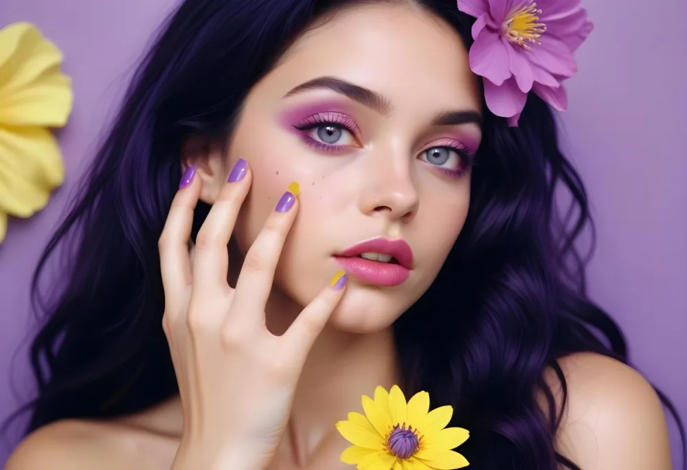 35mm Film Photography Caucasian Woman Approximately 25 Years Old With Light Skin And Long Dark Hair She Has Vibrant Yellow And Purple Eye Makeup Pink Lips And Lavender Nail Polish A Large Purple Flower Adorns Her 14 82bc