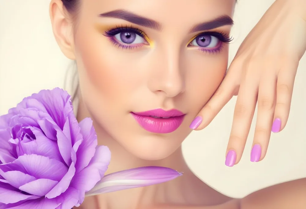 35mm Film Photography Caucasian Woman Approximately 25 Years Old With Light Skin And Long Dark Hair She Has Vibrant Yellow And Purple Eye Makeup Pink Lips And Lavender Nail Polish A Large Purple Flower Adorns Her 5 4735