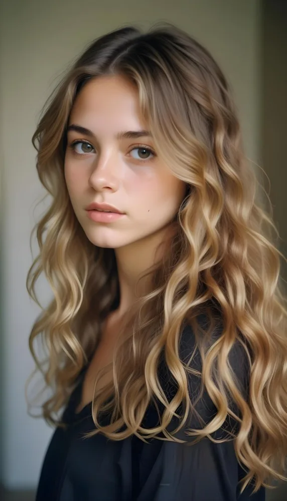 35mm Film Photography Young Woman Approximately 20 Years Old With Light Brown Skin And Long Wavy Light Brown Hair With Blonde Highlights She Has A Neutral Expression And Is Wearing A Black Top The Background Is Soft 10 1e2e