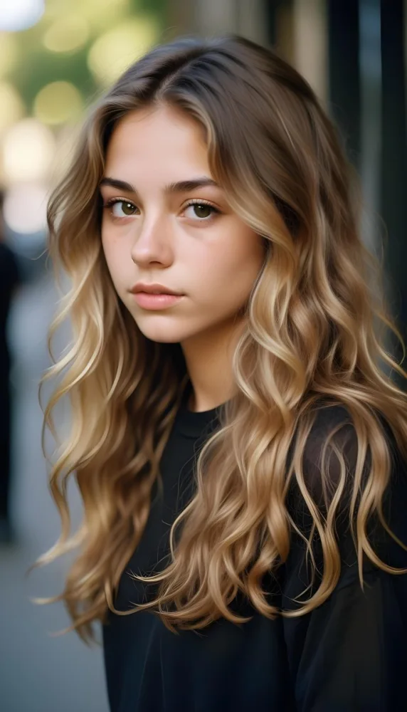 35mm Film Photography Young Woman Approximately 20 Years Old With Light Brown Skin And Long Wavy Light Brown Hair With Blonde Highlights She Has A Neutral Expression And Is Wearing A Black Top The Background Is Soft 12 Cd64