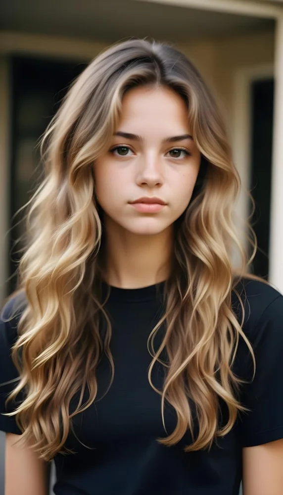 35mm Film Photography Young Woman Approximately 20 Years Old With Light Brown Skin And Long Wavy Light Brown Hair With Blonde Highlights She Has A Neutral Expression And Is Wearing A Black Top The Background Is Soft 14 1e63