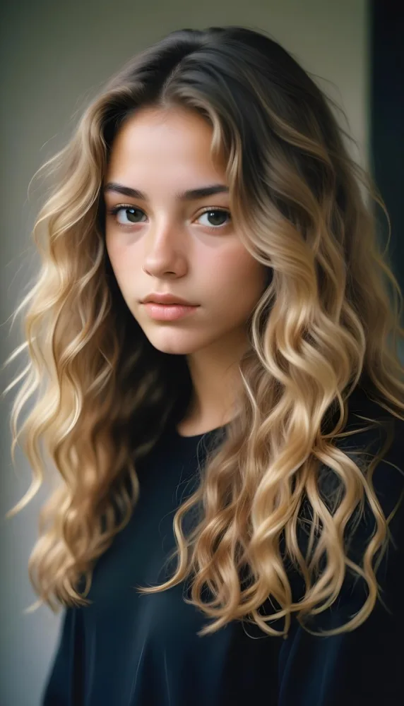 35mm Film Photography Young Woman Approximately 20 Years Old With Light Brown Skin And Long Wavy Light Brown Hair With Blonde Highlights She Has A Neutral Expression And Is Wearing A Black Top The Background Is Soft 16 3b86