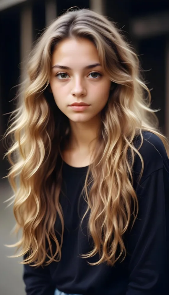 35mm Film Photography Young Woman Approximately 20 Years Old With Light Brown Skin And Long Wavy Light Brown Hair With Blonde Highlights She Has A Neutral Expression And Is Wearing A Black Top The Background Is Soft 17 8691
