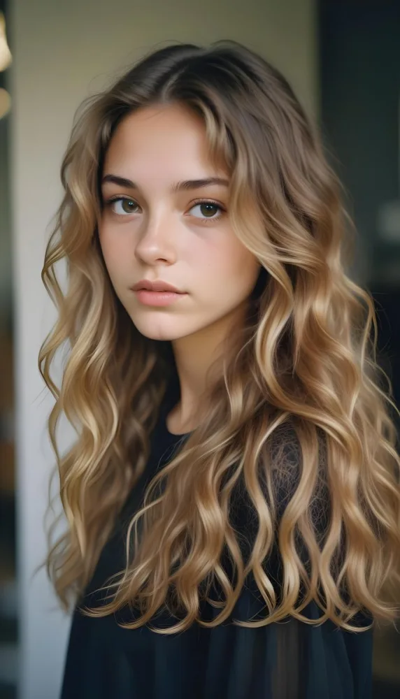 35mm Film Photography Young Woman Approximately 20 Years Old With Light Brown Skin And Long Wavy Light Brown Hair With Blonde Highlights She Has A Neutral Expression And Is Wearing A Black Top The Background Is Soft 18 C77d
