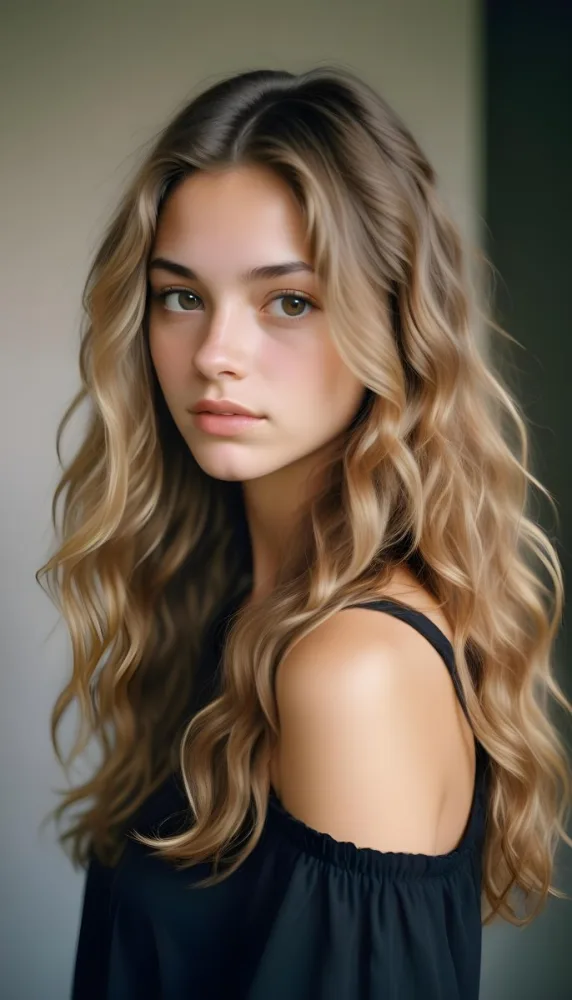 35mm Film Photography Young Woman Approximately 20 Years Old With Light Brown Skin And Long Wavy Light Brown Hair With Blonde Highlights She Has A Neutral Expression And Is Wearing A Black Top The Background Is Soft 22 B188