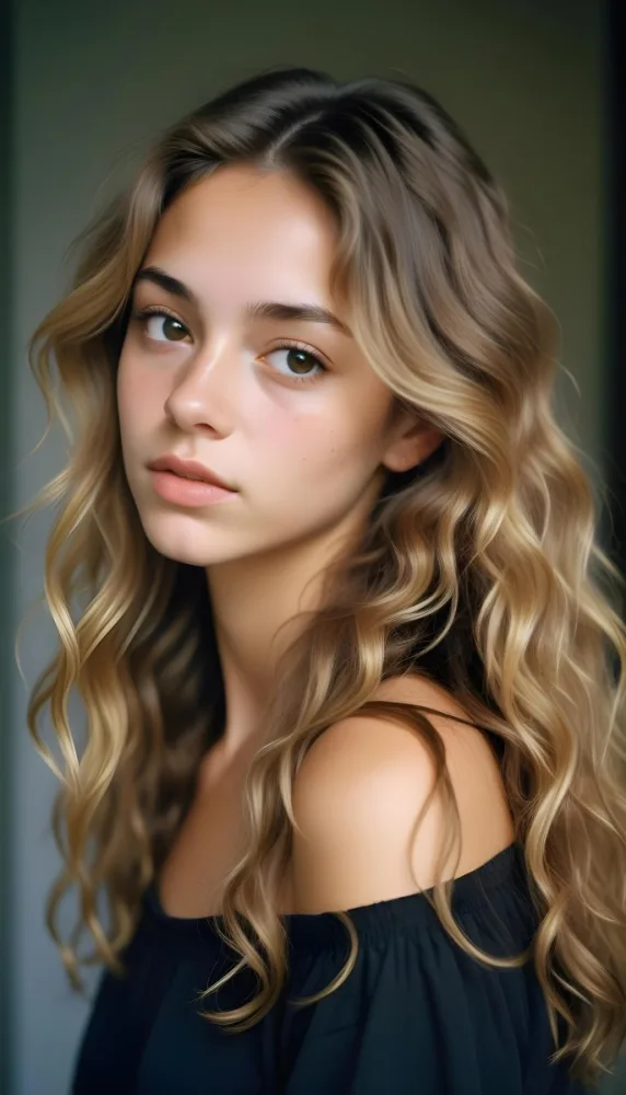 35mm Film Photography Young Woman Approximately 20 Years Old With Light Brown Skin And Long Wavy Light Brown Hair With Blonde Highlights She Has A Neutral Expression And Is Wearing A Black Top The Background Is Soft 24 F79a