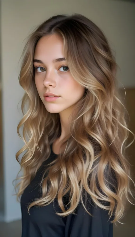 35mm Film Photography Young Woman Approximately 20 Years Old With Light Brown Skin And Long Wavy Light Brown Hair With Blonde Highlights She Has A Neutral Expression And Is Wearing A Black Top The Background Is Soft 3 839a