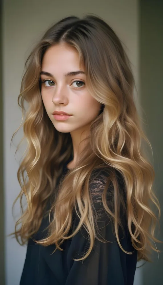 35mm Film Photography Young Woman Approximately 20 Years Old With Light Brown Skin And Long Wavy Light Brown Hair With Blonde Highlights She Has A Neutral Expression And Is Wearing A Black Top The Background Is Soft 5 Fee6