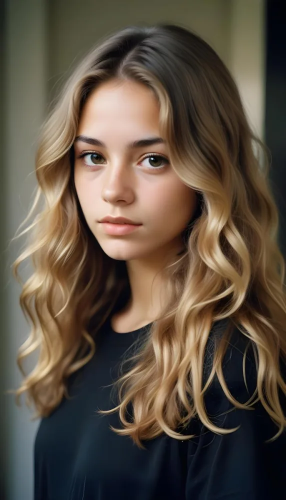 35mm Film Photography Young Woman Approximately 20 Years Old With Light Brown Skin And Long Wavy Light Brown Hair With Blonde Highlights She Has A Neutral Expression And Is Wearing A Black Top The Background Is Soft 8 Fcac