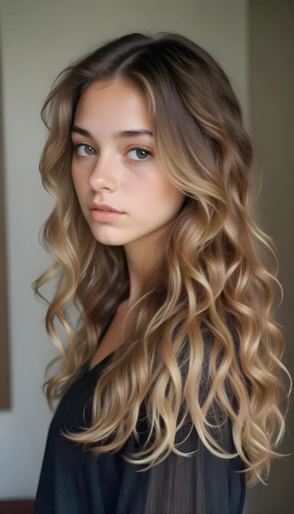 35mm Film Photography Young Woman Approximately 20 Years Old With Light Brown Skin And Long Wavy Light Brown Hair With Blonde Highlights She Has A Neutral Expression And Is Wearing A Black Top The Background Is Soft 80d9