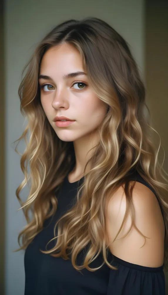 35mm Film Photography Young Woman Approximately 20 Years Old With Light Brown Skin And Long Wavy Light Brown Hair With Blonde Highlights She Has A Neutral Expression And Is Wearing A Black Top The Background Is Soft 9 0b3a