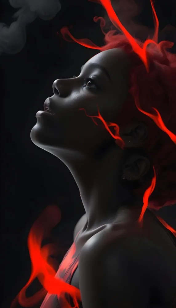 3d Model A Black Woman 25 Years Old With A Black Skin And Short Red Hair Looking Up With Red Smoke Around Her In A Black Background Figure Octane Render Volumetric Highly Detailed Videogame Aesthetic 13 116a