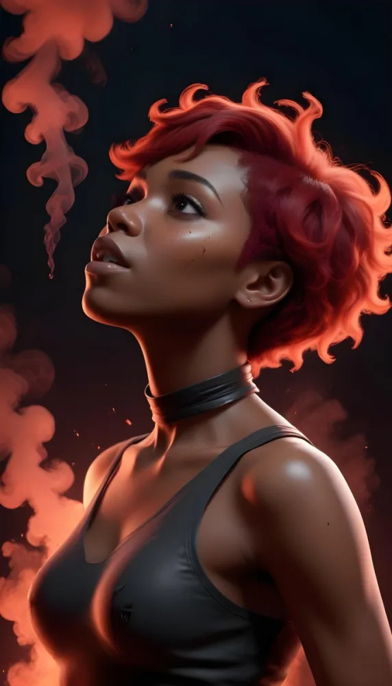 3d Model A Black Woman 25 Years Old With A Black Skin And Short Red Hair Looking Up With Red Smoke Around Her In A Black Background Figure Octane Render Volumetric Highly Detailed Videogame Aesthetic 16 3fb7