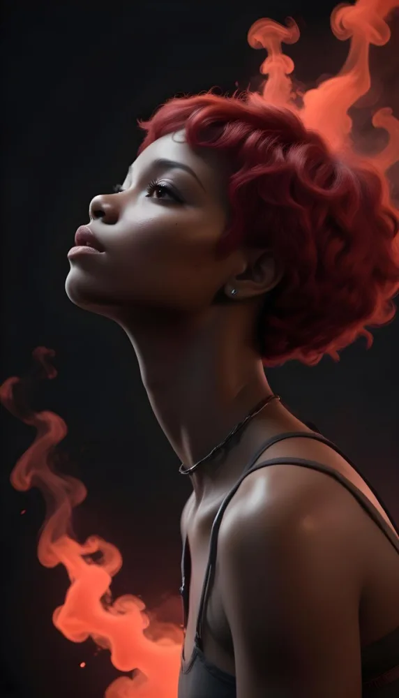 3d Model A Black Woman 25 Years Old With A Black Skin And Short Red Hair Looking Up With Red Smoke Around Her In A Black Background Figure Octane Render Volumetric Highly Detailed Videogame Aesthetic 18 8c40