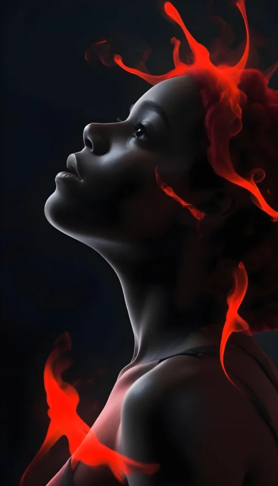 3d Model A Black Woman 25 Years Old With A Black Skin And Short Red Hair Looking Up With Red Smoke Around Her In A Black Background Figure Octane Render Volumetric Highly Detailed Videogame Aesthetic 19 Da68
