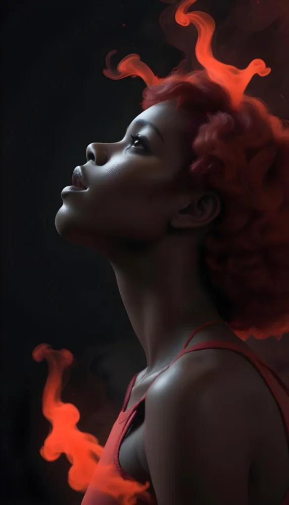 3d Model A Black Woman 25 Years Old With A Black Skin And Short Red Hair Looking Up With Red Smoke Around Her In A Black Background Figure Octane Render Volumetric Highly Detailed Videogame Aesthetic 24 4a18