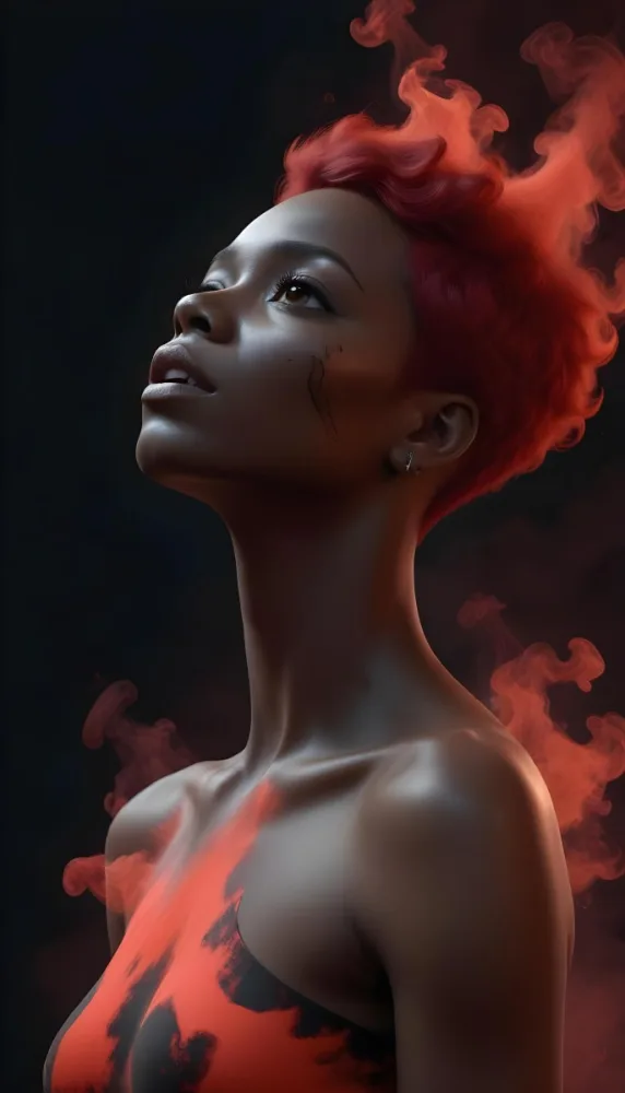 3d Model A Black Woman 25 Years Old With A Black Skin And Short Red Hair Looking Up With Red Smoke Around Her In A Black Background Figure Octane Render Volumetric Highly Detailed Videogame Aesthetic 5 Cecb
