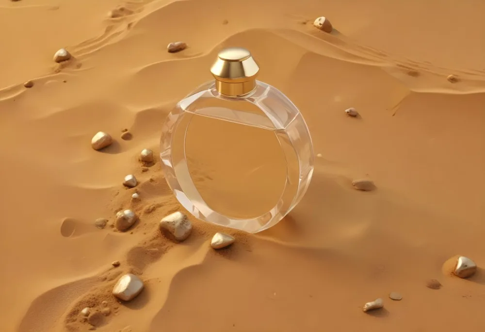 3d Model A Clear Round Perfume Bottle With A Golden Cap On A Golden Sand Dune With Small Rocks Figure Octane Render Volumetric Highly Detailed Videogame Aesthetic 27 9966