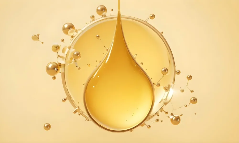 3d Model A Golden Drop With A Golden Circle And Molecules Around It Light Yellow Background Figure Octane Render Volumetric Highly Detailed Videogame Aesthetic 23 B39d