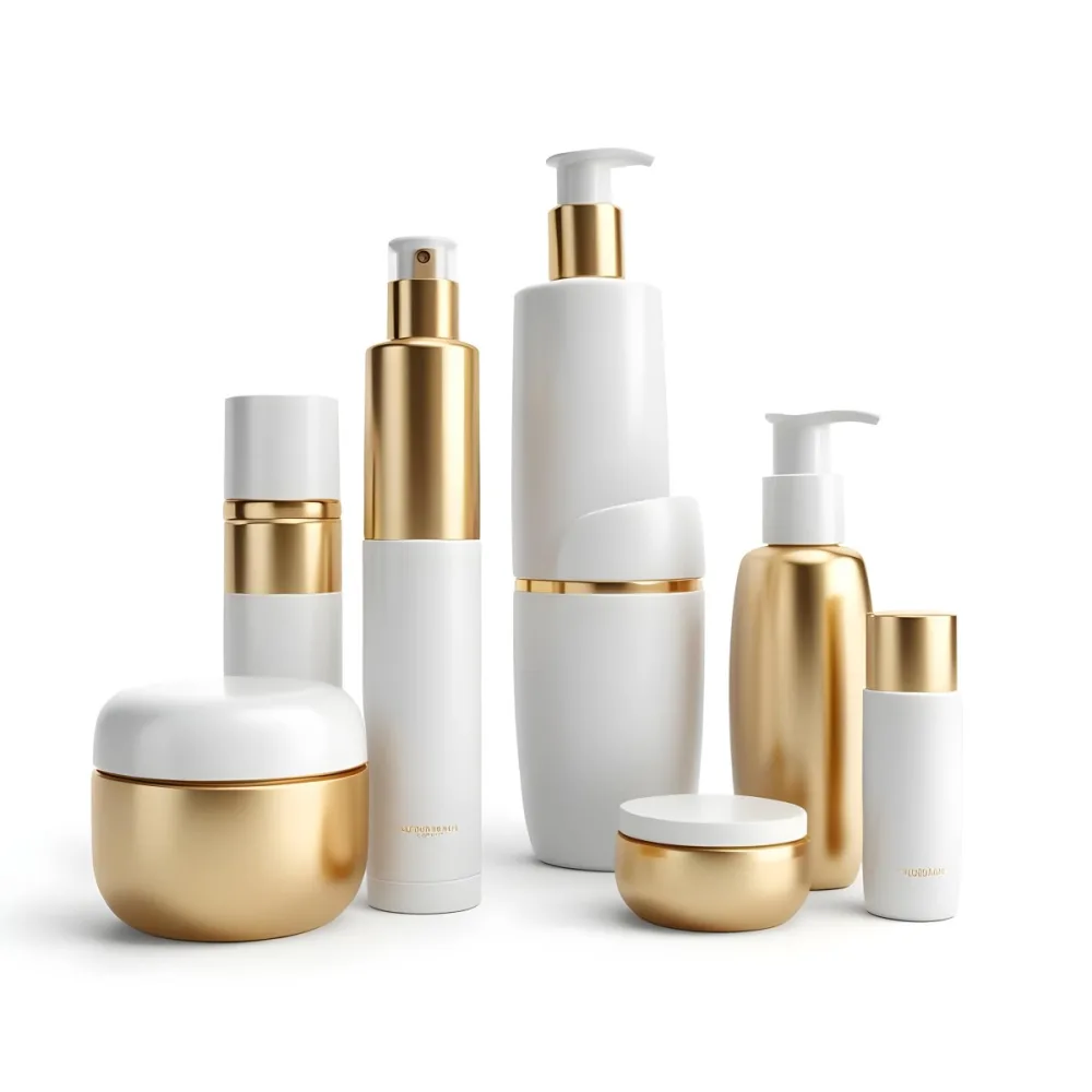 3d Model A Group Of White And Gold Cosmetic Containers Of Different Shapes Arranged On A White Background Minimalist Design Elegant Clean Figure Octane Render Volumetric Highly Detailed Videogame Aesthetic 11 Be33