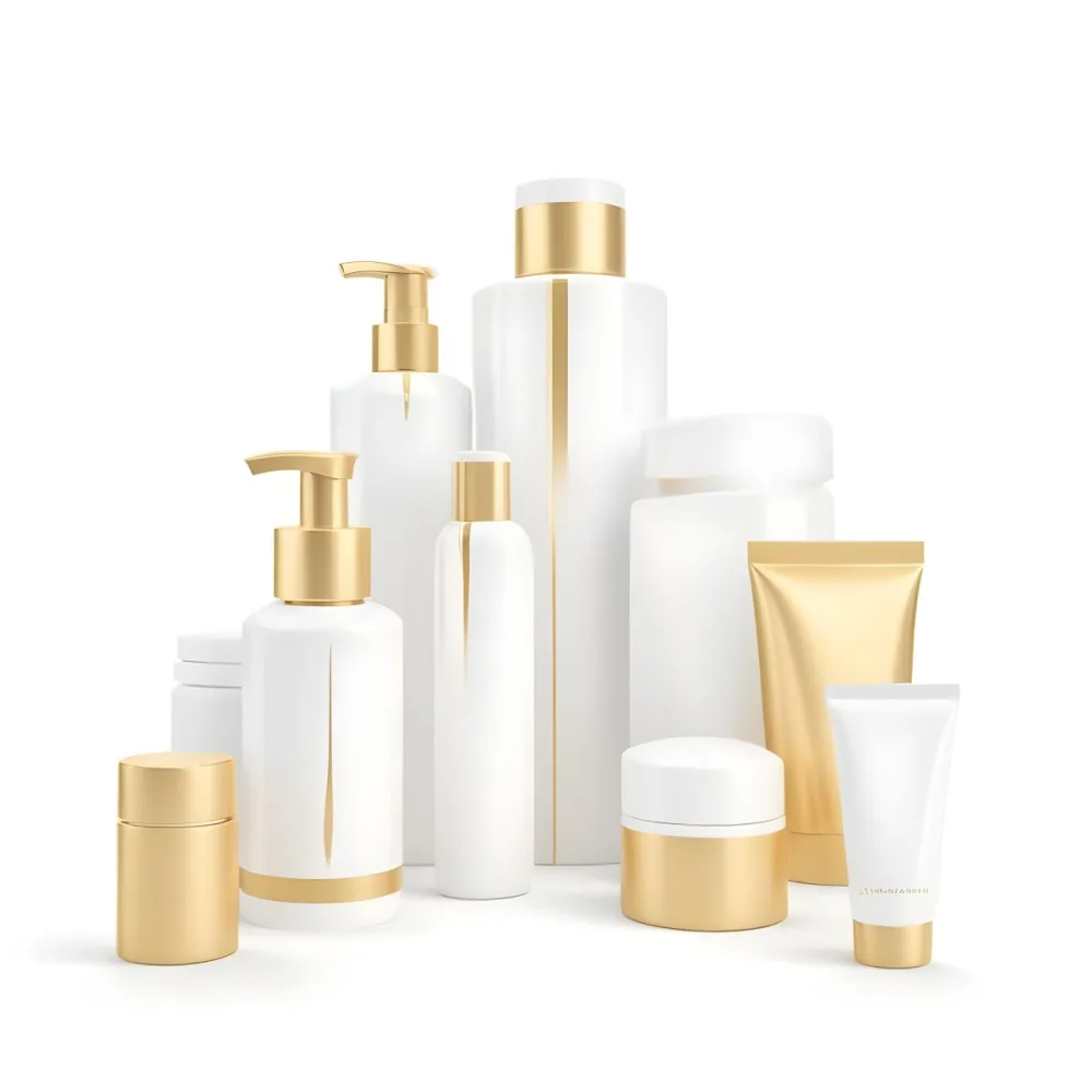 3d Model A Group Of White And Gold Cosmetic Containers Of Different Shapes Arranged On A White Background Minimalist Design Elegant Clean Figure Octane Render Volumetric Highly Detailed Videogame Aesthetic 6 6d28