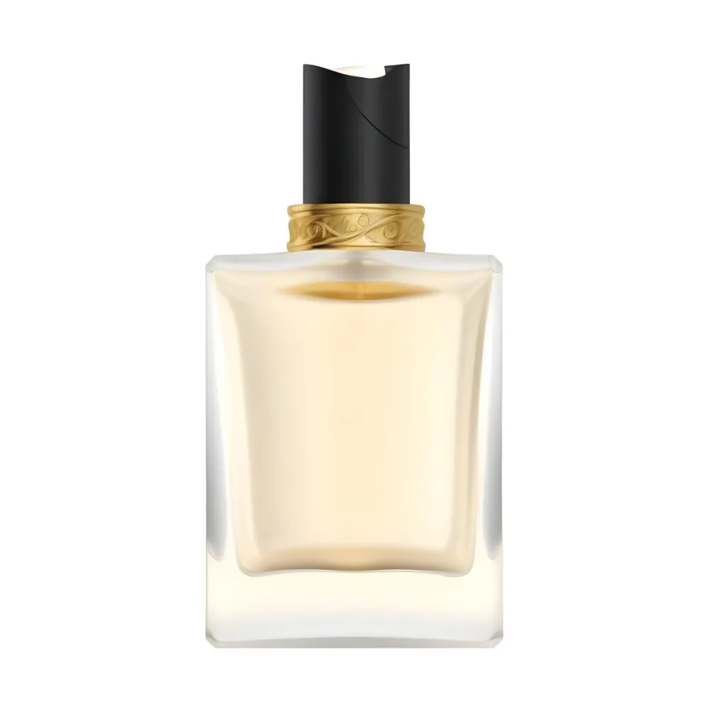 3d Model A Perfume Bottle With A Gold Cap And White Accents Filled With A Light Yellow Liquid On A Black Background Figure Octane Render Volumetric Highly Detailed Videogame Aesthetic 7 08bb