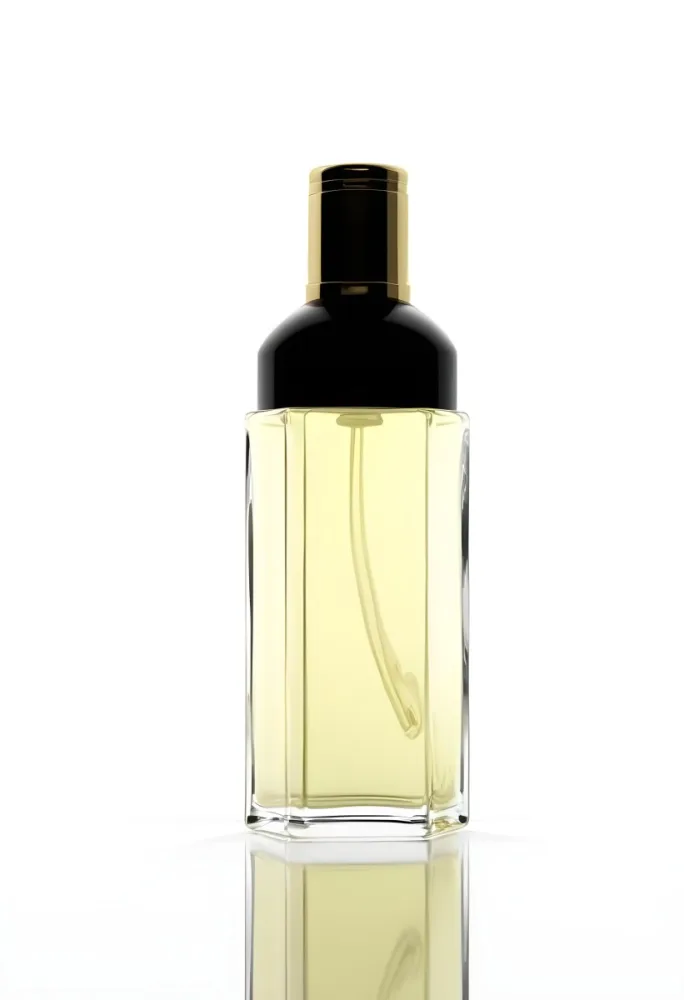 3d Model A Perfume Bottle With A Golden Cap And Black Details The Liquid Inside Is Yellow In A White Background Figure Octane Render Volumetric Highly Detailed Videogame Aesthetic 16 372b