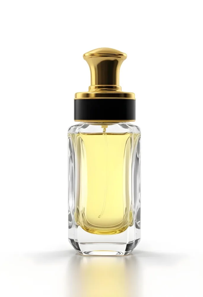 3d Model A Perfume Bottle With A Golden Cap And Black Details The Liquid Inside Is Yellow In A White Background Figure Octane Render Volumetric Highly Detailed Videogame Aesthetic 20 9dce