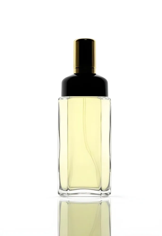 3d Model A Perfume Bottle With A Golden Cap And Black Details The Liquid Inside Is Yellow In A White Background Figure Octane Render Volumetric Highly Detailed Videogame Aesthetic 3 0a47