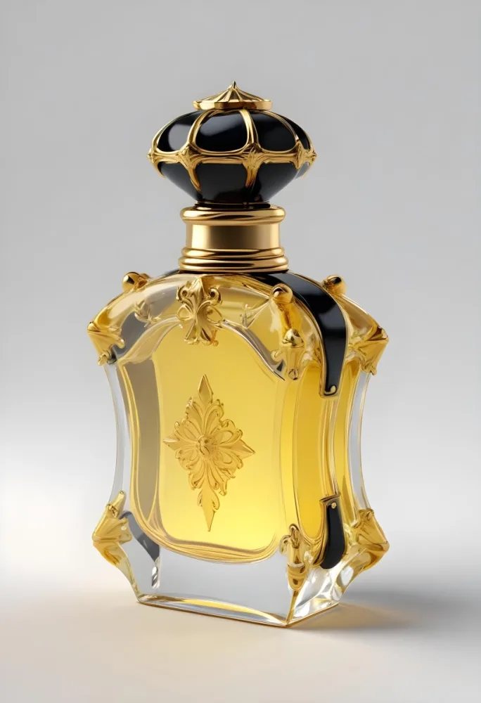 3d Model A Perfume Bottle With A Golden Cap And Black Details The Liquid Inside Is Yellow In A White Background Figure Octane Render Volumetric Highly Detailed Videogame Aesthetic 4 Dafa