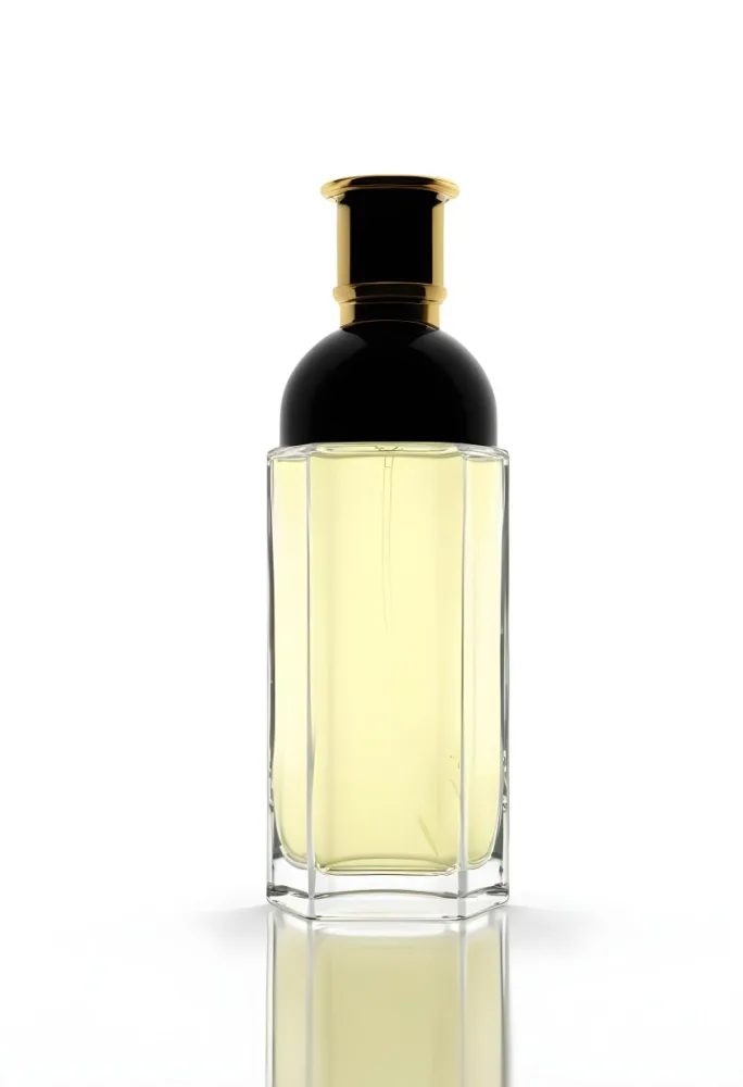 3d Model A Perfume Bottle With A Golden Cap And Black Details The Liquid Inside Is Yellow In A White Background Figure Octane Render Volumetric Highly Detailed Videogame Aesthetic 5 0e6c