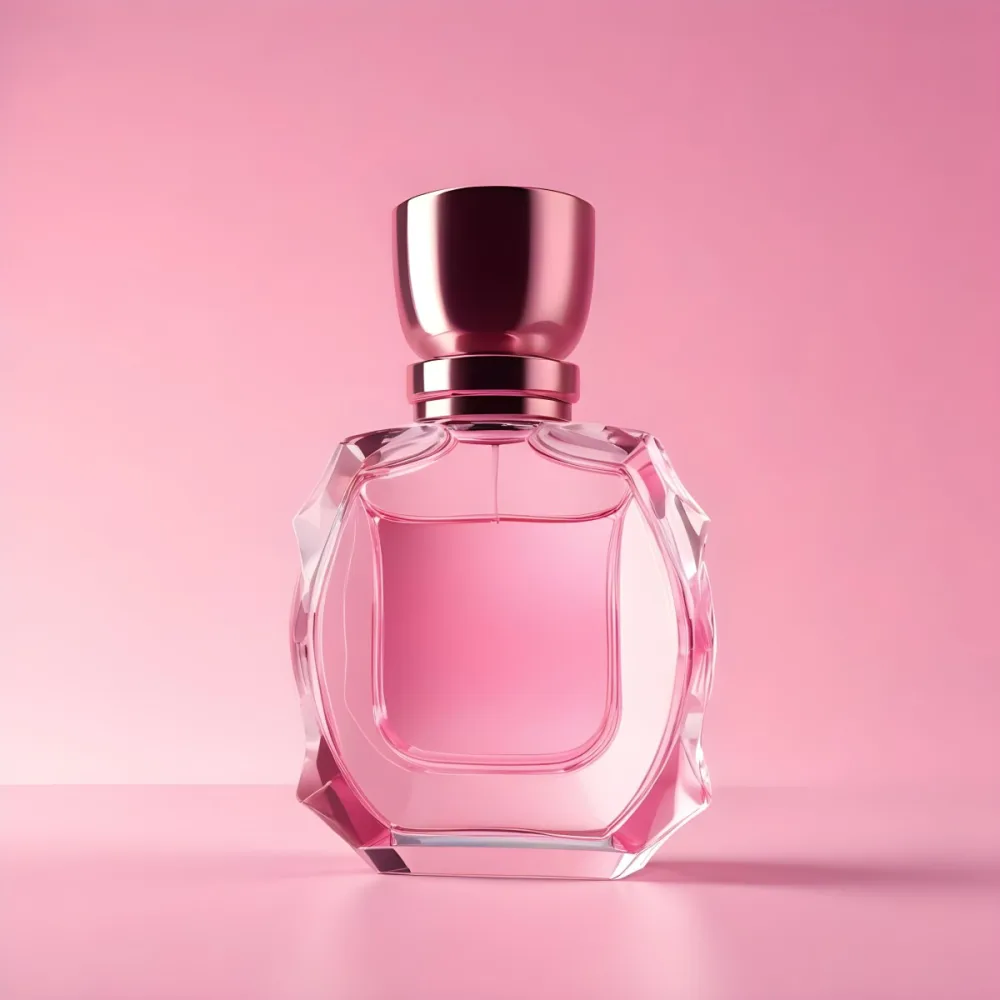 3d Model A Perfume Bottle With A Pink Cap On A Pink Background With Abstract Shapes The Bottle Is Transparent And Reflects The Light Figure Octane Render Volumetric Highly Detailed Videogame Aesthetic 12 6a3b