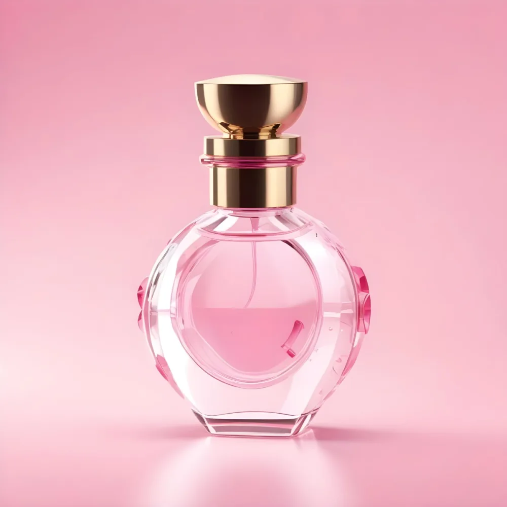 3d Model A Perfume Bottle With A Pink Cap On A Pink Background With Abstract Shapes The Bottle Is Transparent And Reflects The Light Figure Octane Render Volumetric Highly Detailed Videogame Aesthetic 3 9a0a