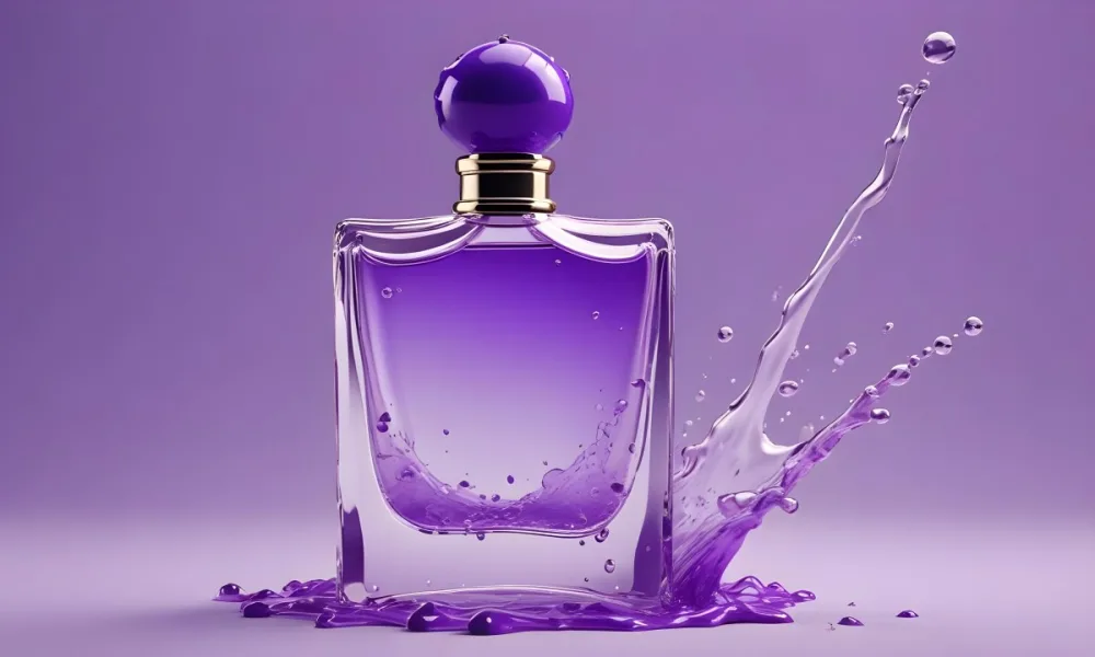3d Model A Perfume Bottle With A Purple Cap And A Splash Of Water Around It Light Purple Background Figure Octane Render Volumetric Highly Detailed Videogame Aesthetic 54 D3c0