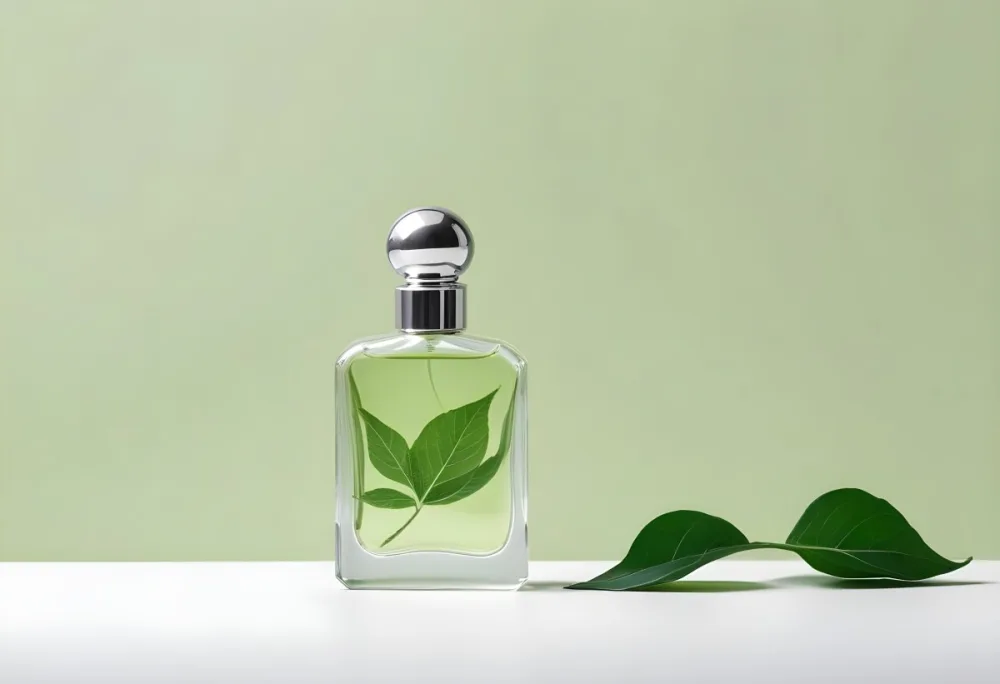 3d Model A Perfume Bottle With A Silver Cap And A Green Leaf On A White Surface White Background Figure Octane Render Volumetric Highly Detailed Videogame Aesthetic 26 1bd4