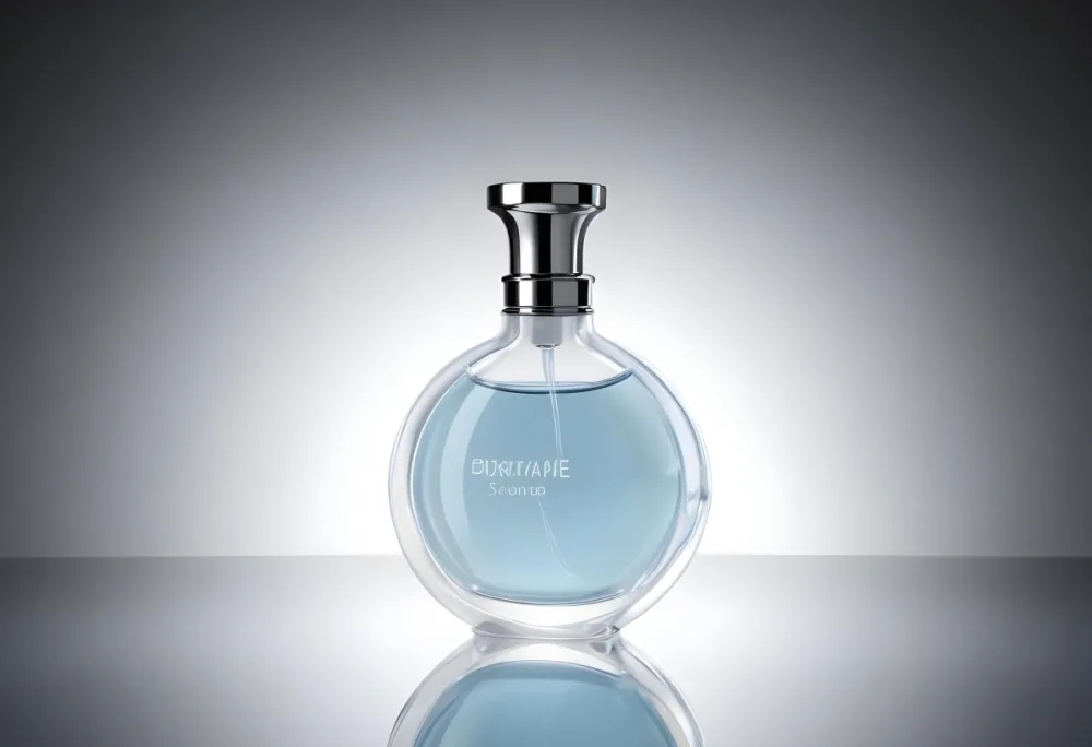 3d Model A Perfume Bottle With A Silver Cap Filled With Light Blue Liquid Standing On A Reflective Surface Simple Background Figure Octane Render Volumetric Highly Detailed Videogame Aesthetic 10 E760