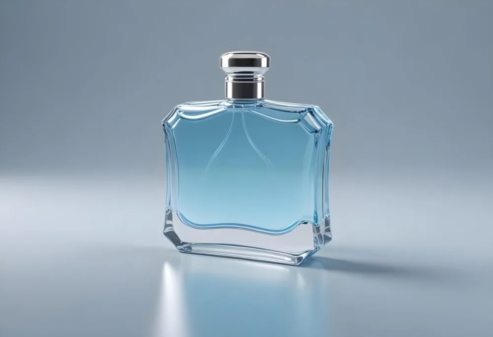 3d Model A Perfume Bottle With A Silver Cap Filled With Light Blue Liquid Standing On A Reflective Surface Simple Background Figure Octane Render Volumetric Highly Detailed Videogame Aesthetic 4 96b3