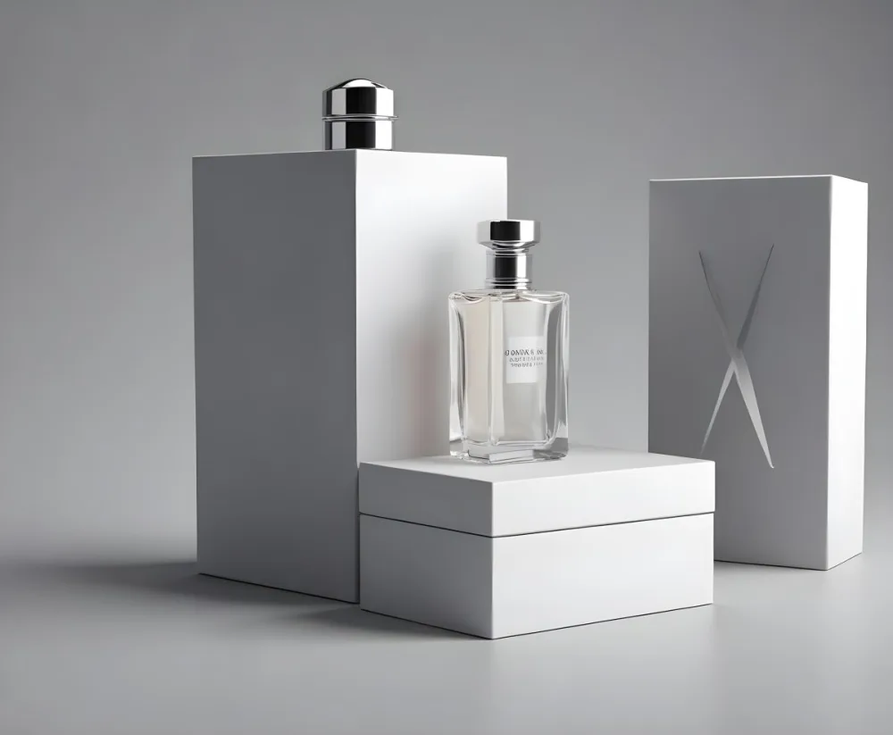 3d Model A Perfume Bottle With A Silver Cap Next To A White Box Product Photography Isolated On A Gray Background Figure Octane Render Volumetric Highly Detailed Videogame Aesthetic 1 8d81